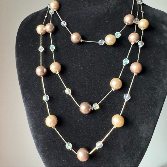 Lia Sophia Station Necklace Gold Brown Beige Pearls (Vintage Flapper Girl Pearl) - Picture 8 of 17